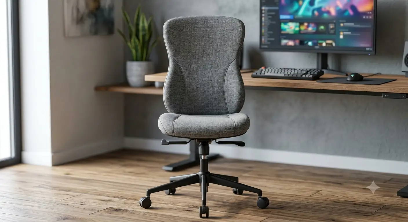 Sedia gaming minimal senza braccioli in tessuto grigio con design ergonomico vista frontale