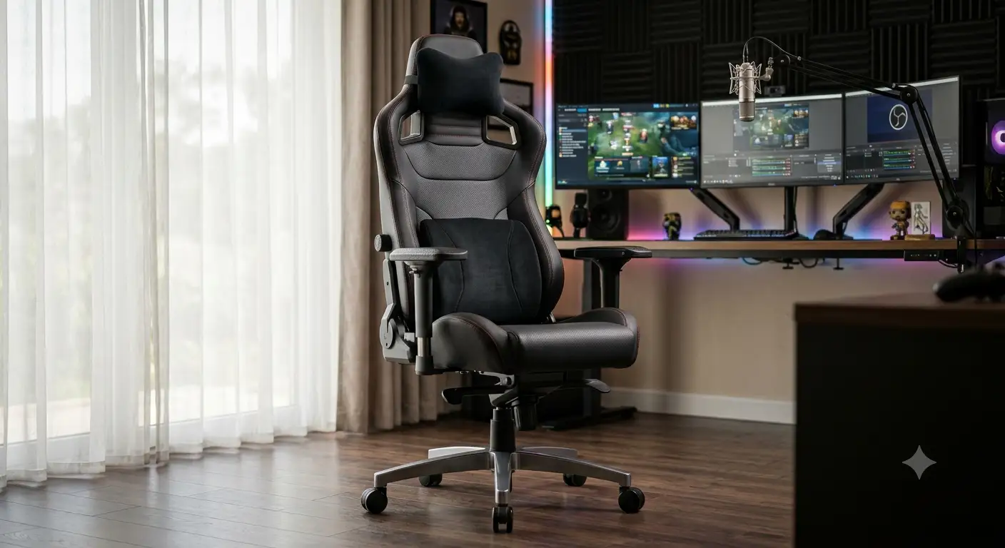 Sedia gaming per streamer professionale con supporto lombare e finiture di alta qualita per lunghe sessioni di trasmissione live