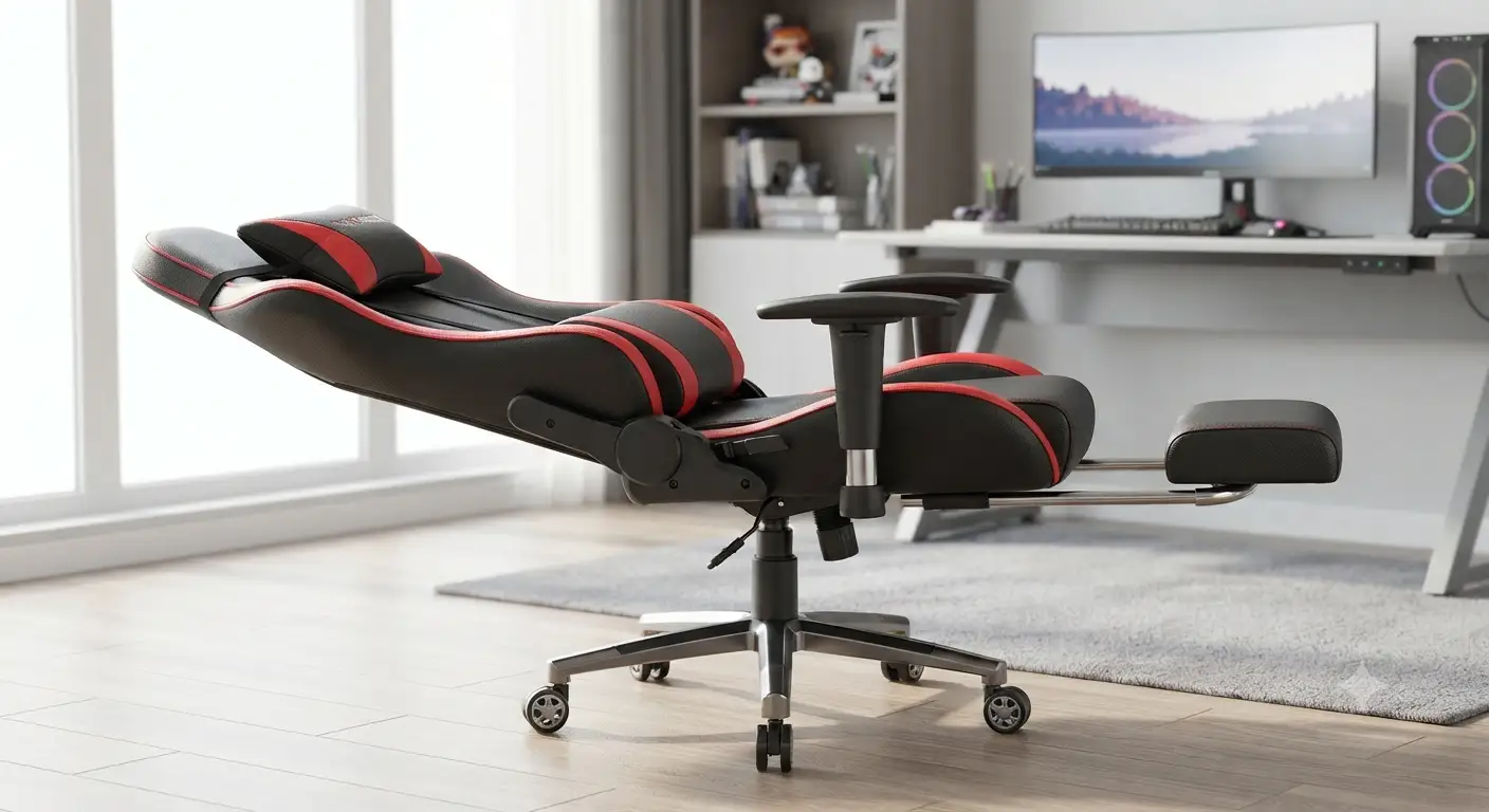 Sedia gaming reclinabile 180 gradi ergonomica con supporto lombare e cuscino poggiatesta nero e rosso