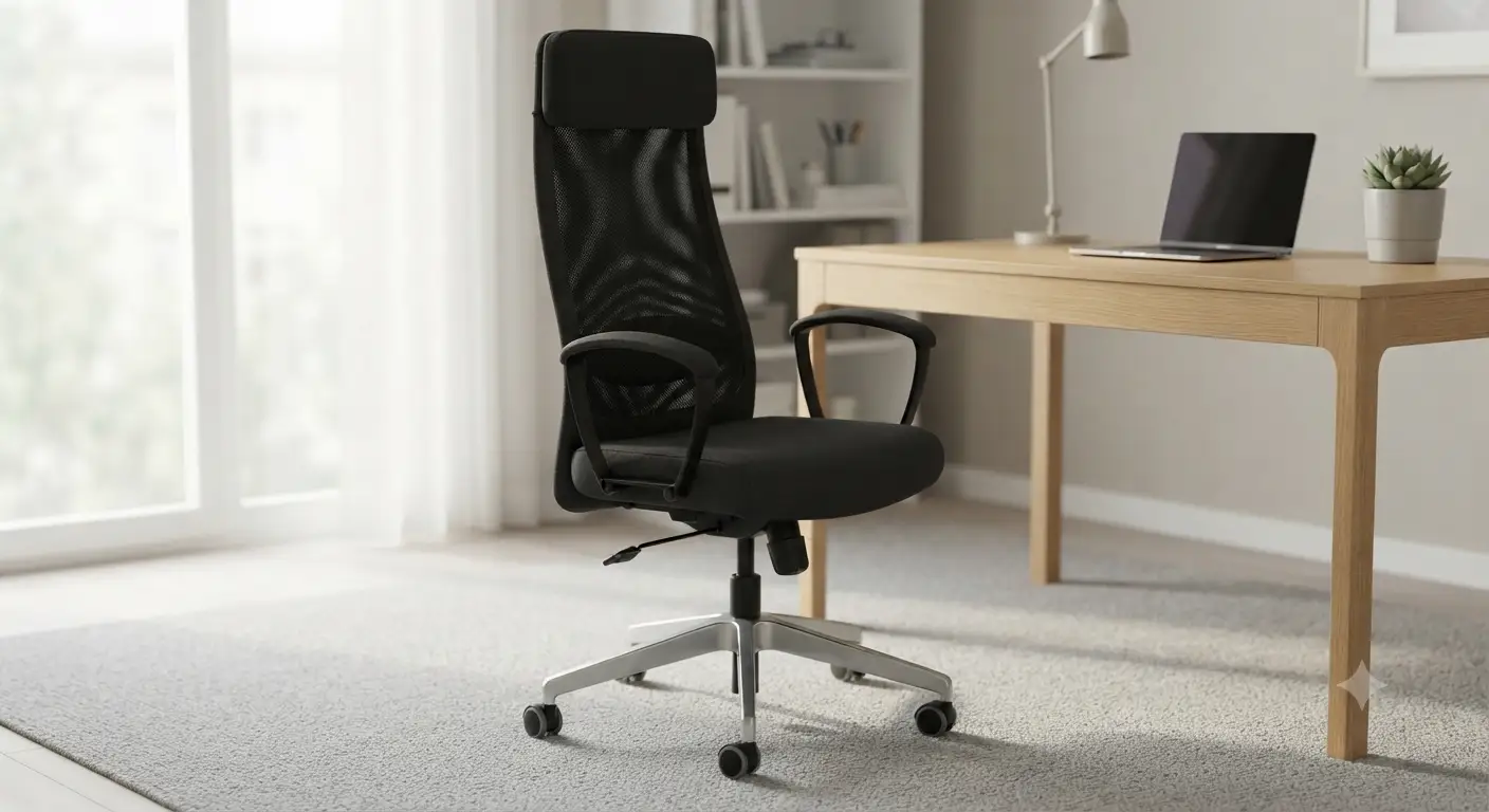 Sedia IKEA Markus da ufficio ergonomica con schienale alto e poggiatesta in tessuto nero.